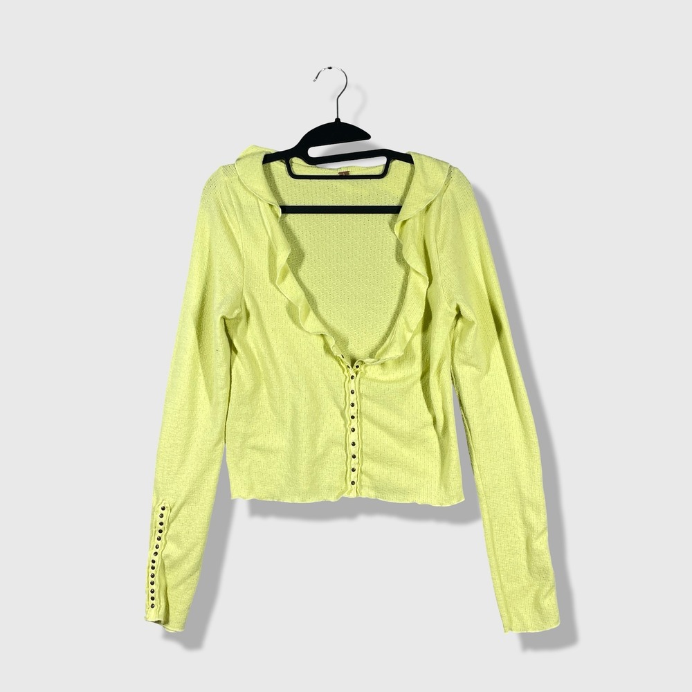 Free People Cardigan Women‎ Medium Lime Green Ruffle Trim Pointelle Knit Indie